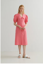 Linen Button-Front Midi Dress with Puff Sleeves and Wide Collar